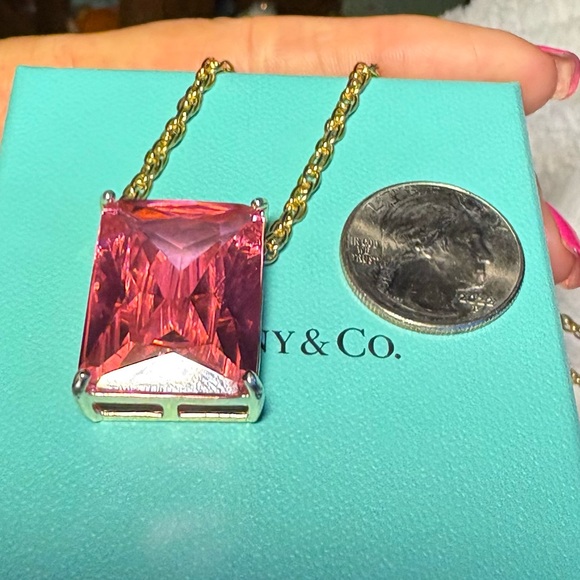 Massive Emerald Cut Pink Tourmaline Sapphire? Pendant 925 Gold Pl 24” GF Chain - Picture 7 of 10